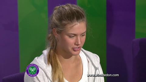 Wimbledon Girls' Singles champion Eugenie Bouchard talks to the media